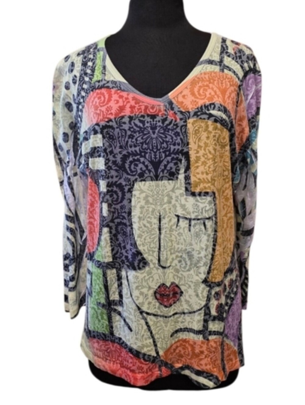 Vintage Katina Marie 2X Multicolor Abstract Face V-Neck Long Sleeve Top